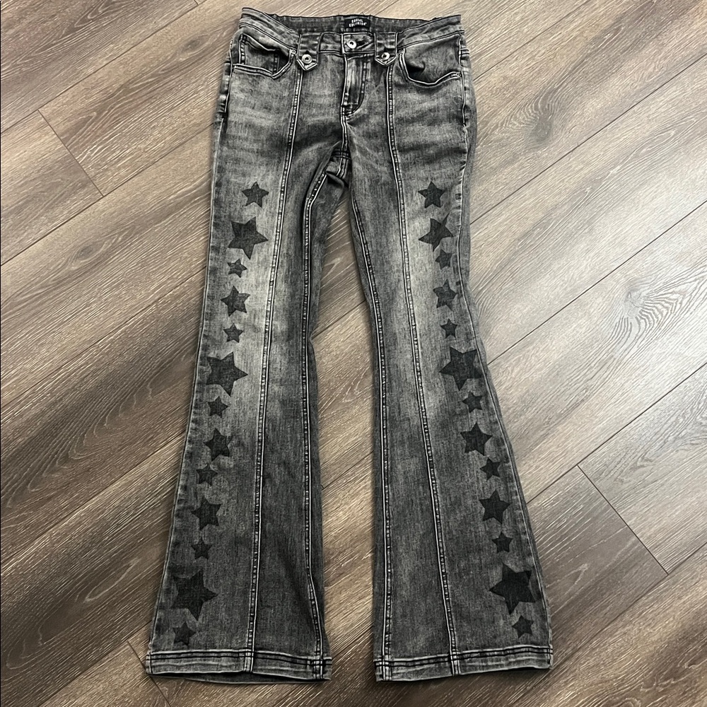 Grey flare jeans with Black Star Patterned